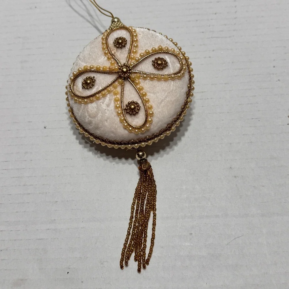 Vintage Victorian Cream Velvet Gold Pearl Beaded Tassel Christmas Ornament 3in